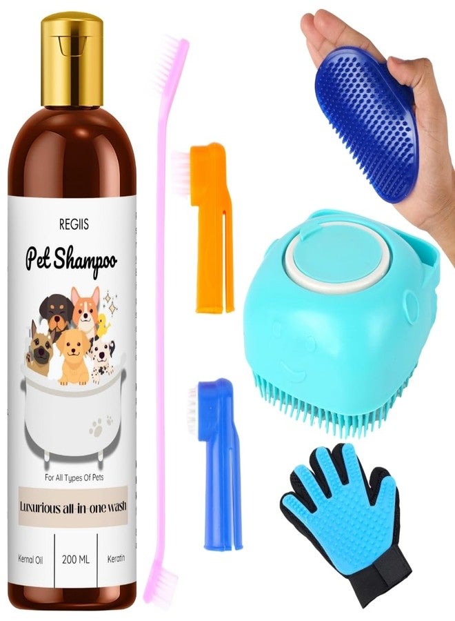 Regiis Pet Shampoo Set with Grooming Brush, Luxurious All-in-One Wash for Dogs and Cats, 200ml, Includes Silicone Massage Brush, Grooming Glove, Finger Brush(pack of 5) - Image 1